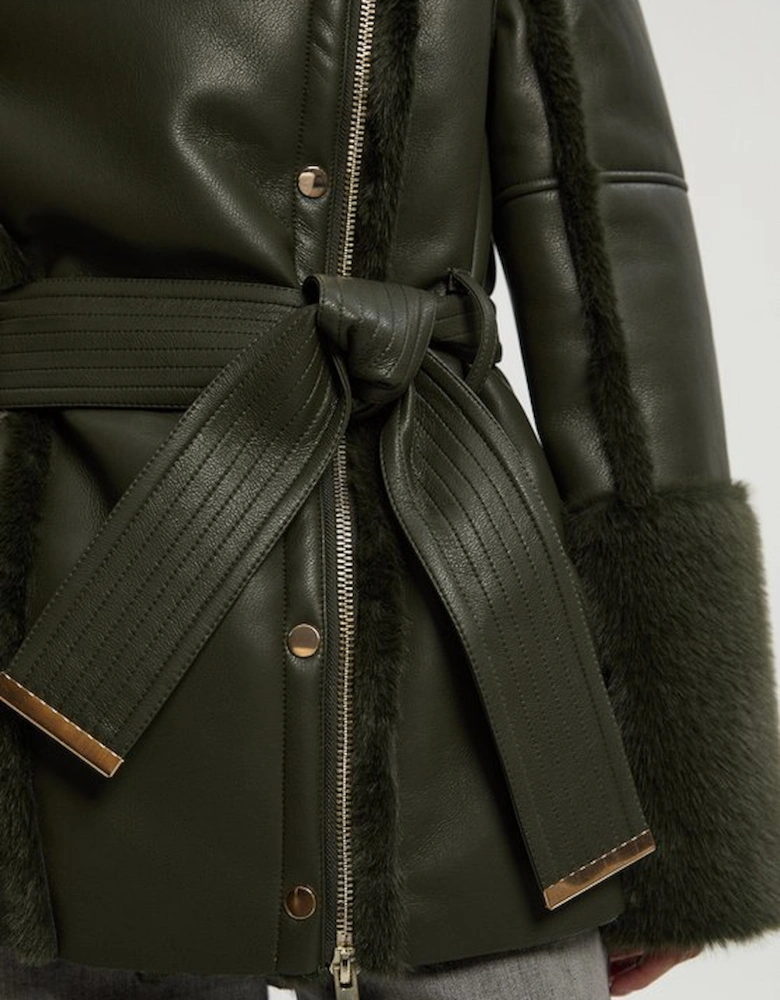 Faux Fur High Neck Belted Biker Coat