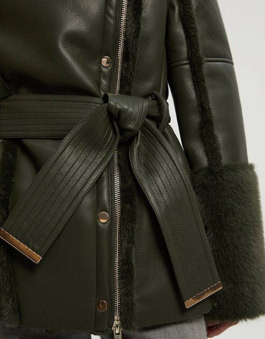 Faux Fur High Neck Belted Biker Coat