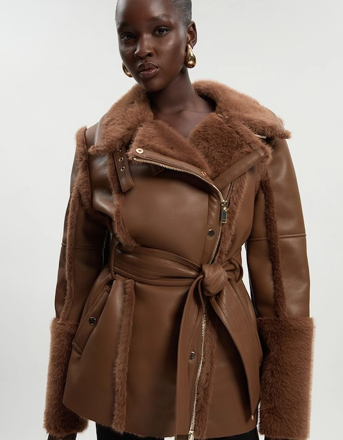 Faux Fur High Neck Belted Biker Coat