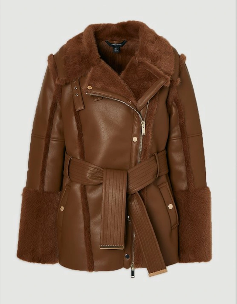 Faux Fur High Neck Belted Biker Coat