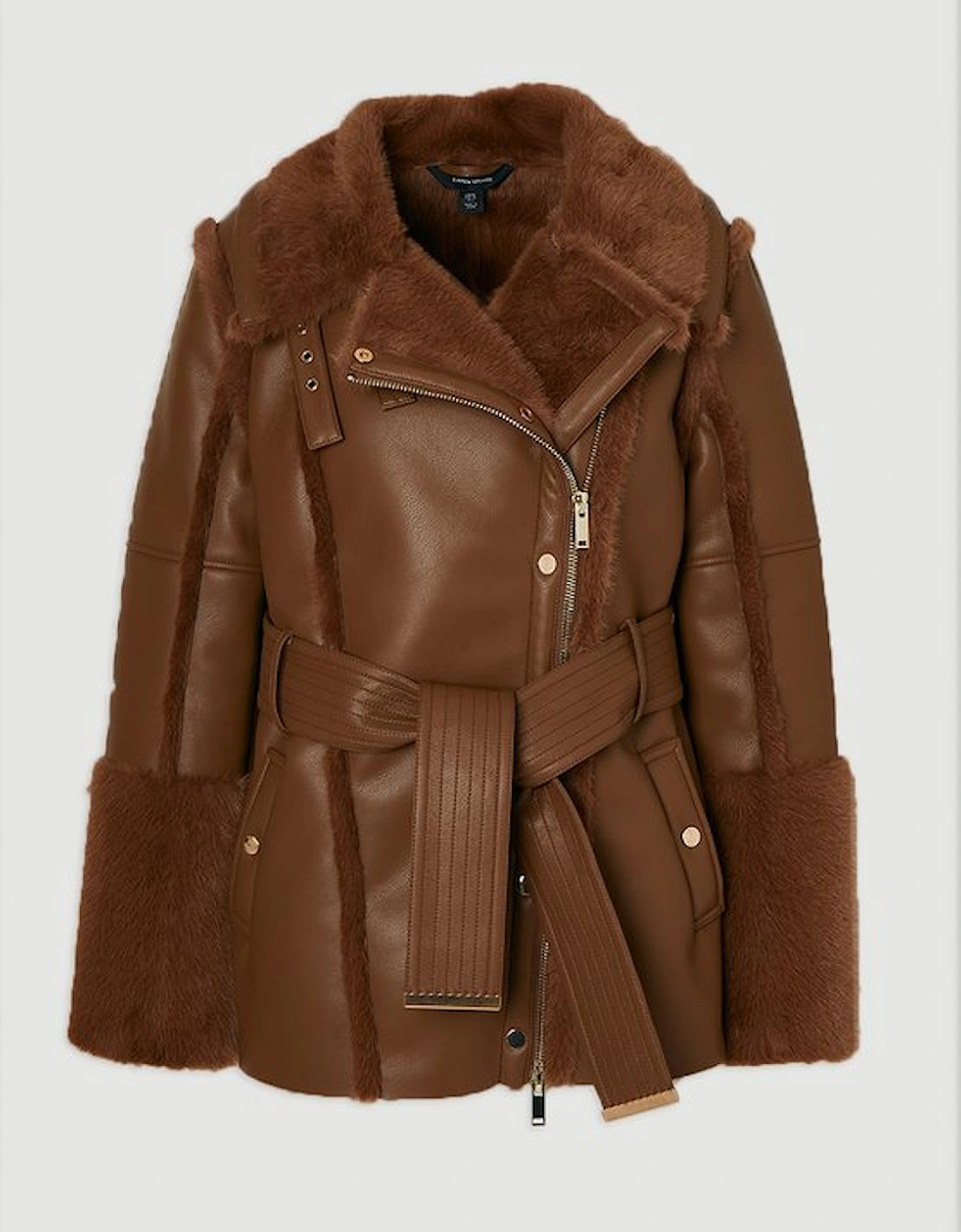 Faux Fur High Neck Belted Biker Coat