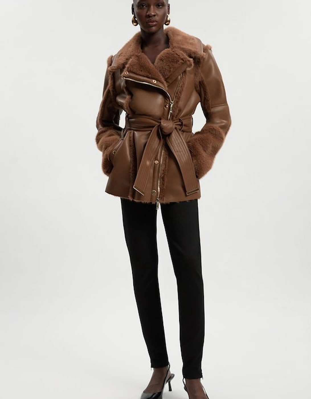 Faux Fur High Neck Belted Biker Coat