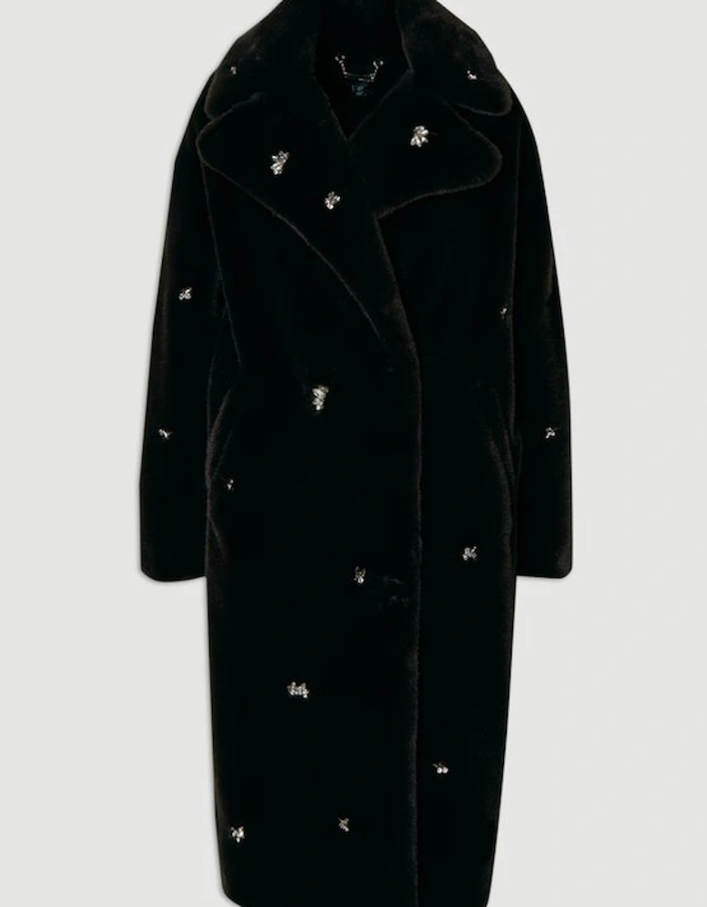 Crystal Embellished Faux Fur Long Coat