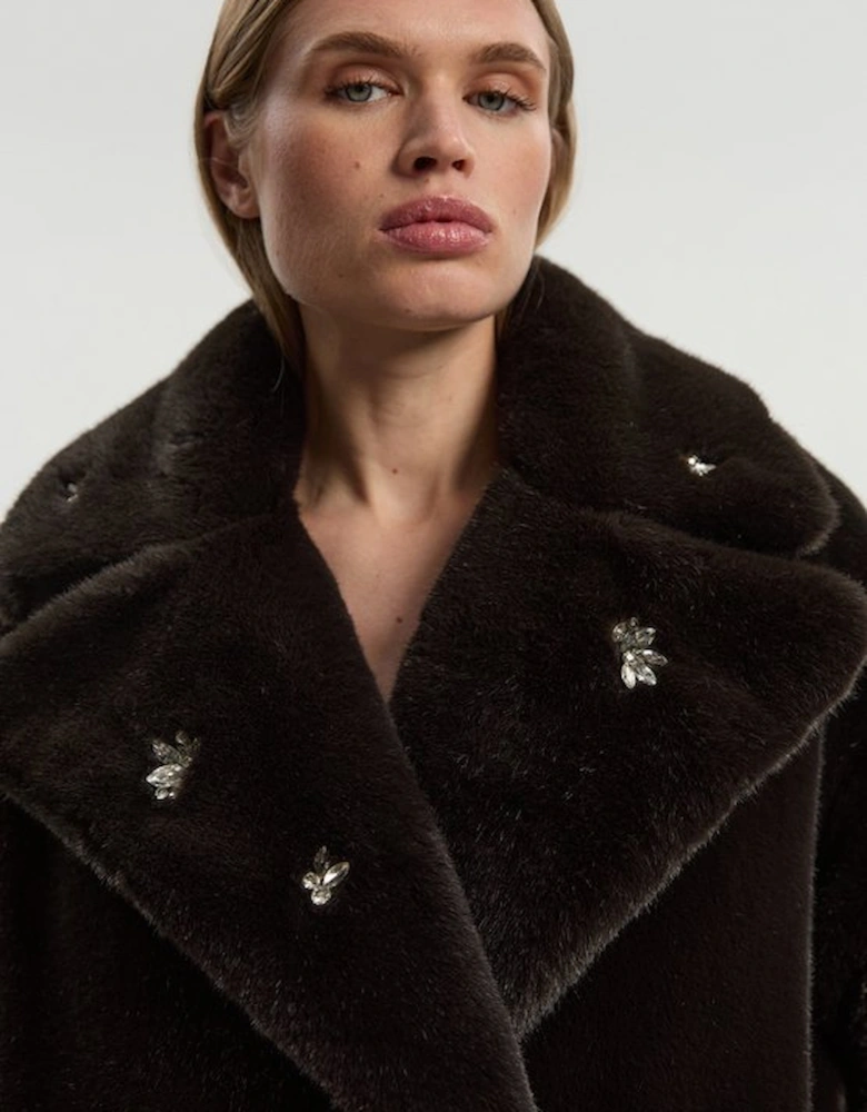 Crystal Embellished Faux Fur Long Coat