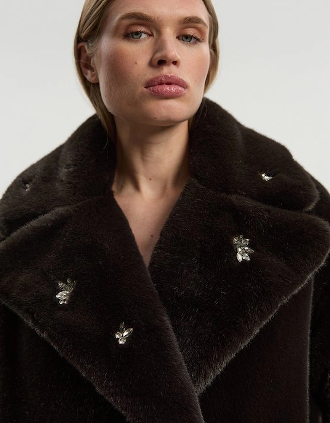 Crystal Embellished Faux Fur Long Coat