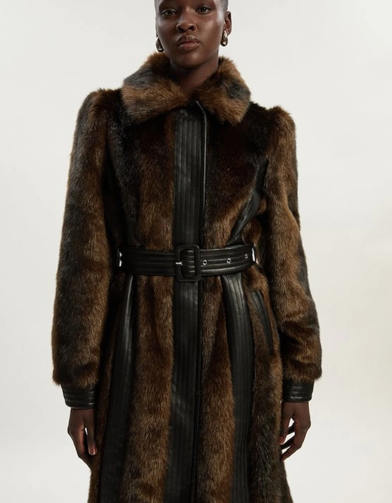 Faux Fur PU Panelled Belted Midi Coat