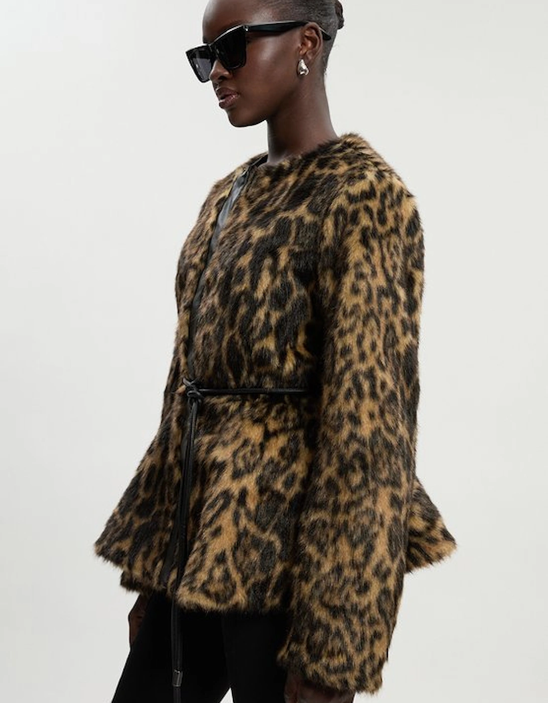 Faux Fur Leopard Collarless  Coat
