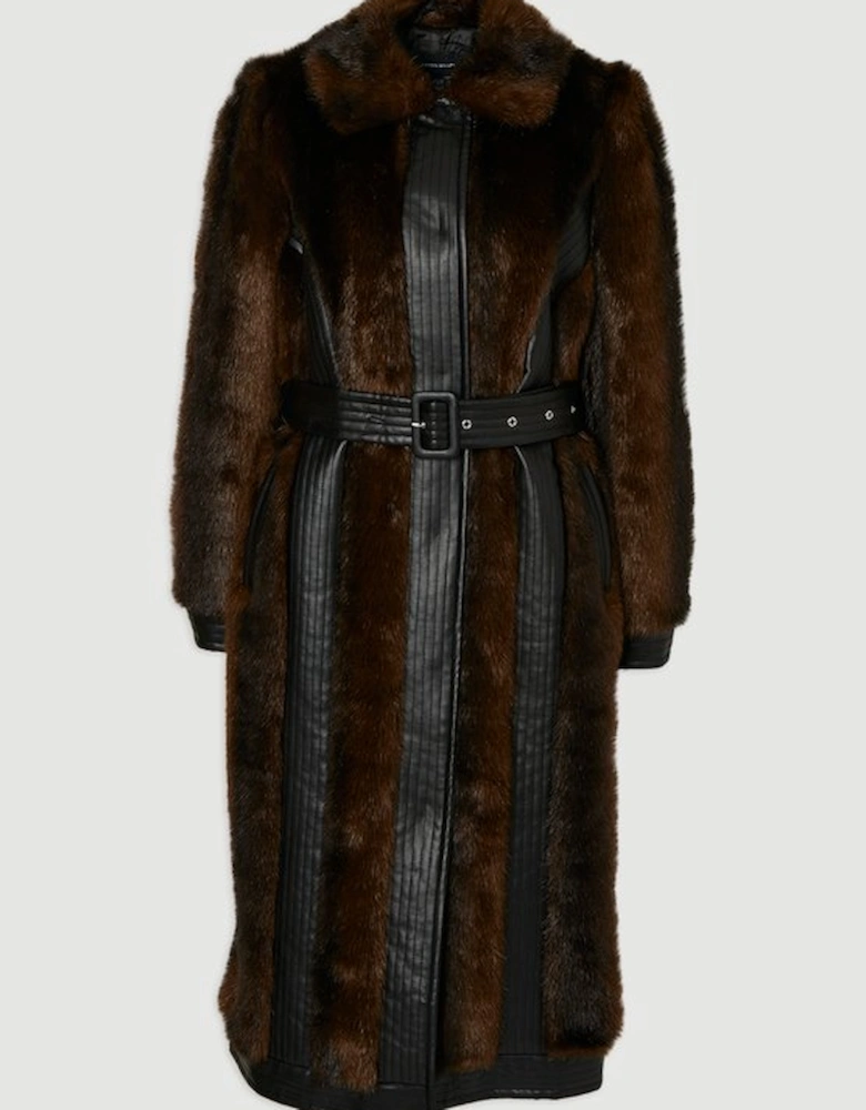 Faux Fur PU Panelled Belted Midi Coat