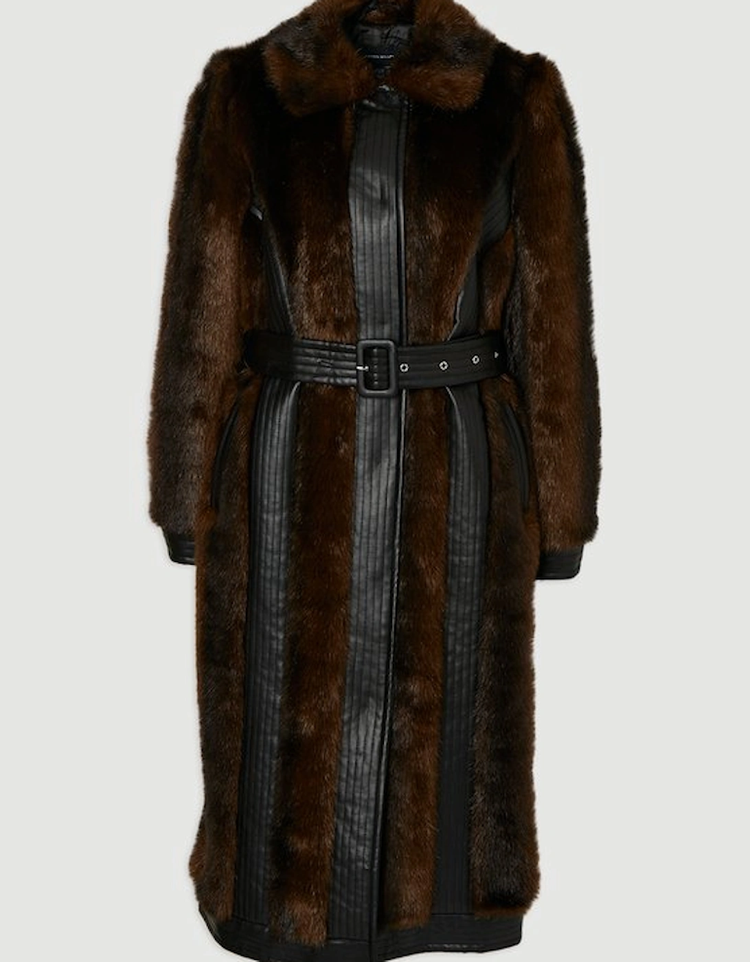 Faux Fur PU Panelled Belted Midi Coat