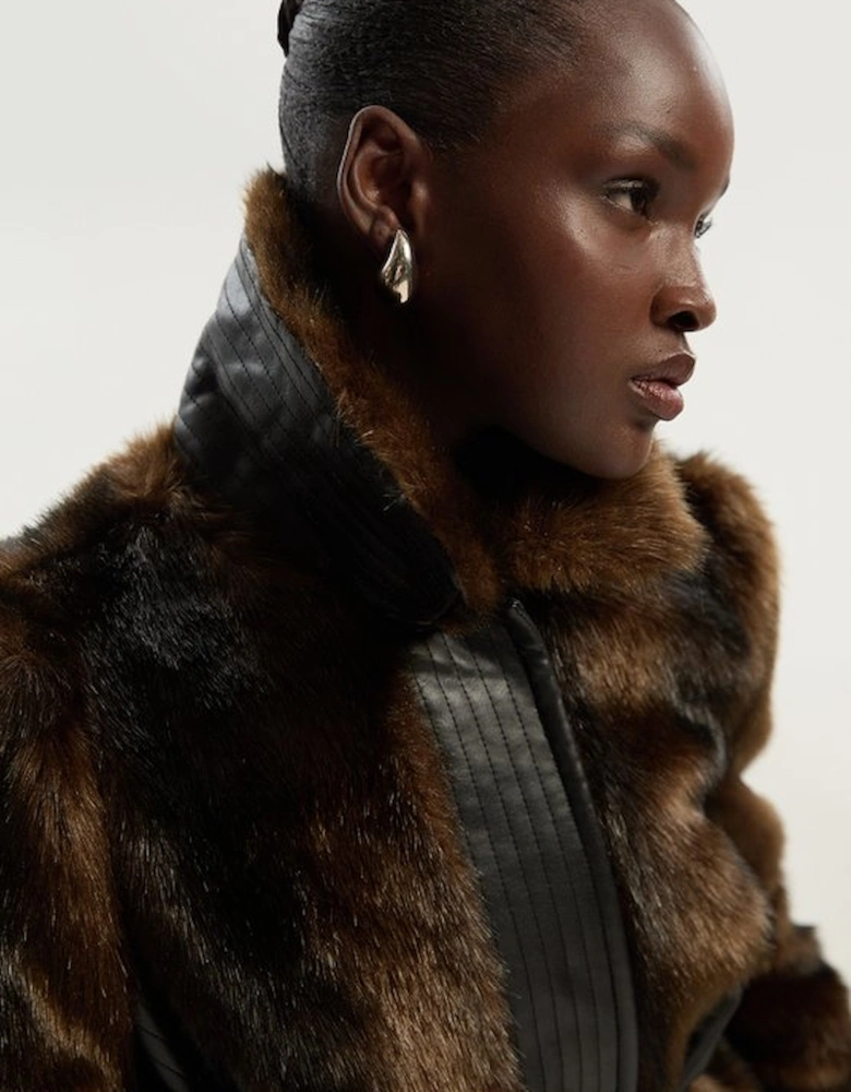 Faux Fur PU Panelled Belted Midi Coat