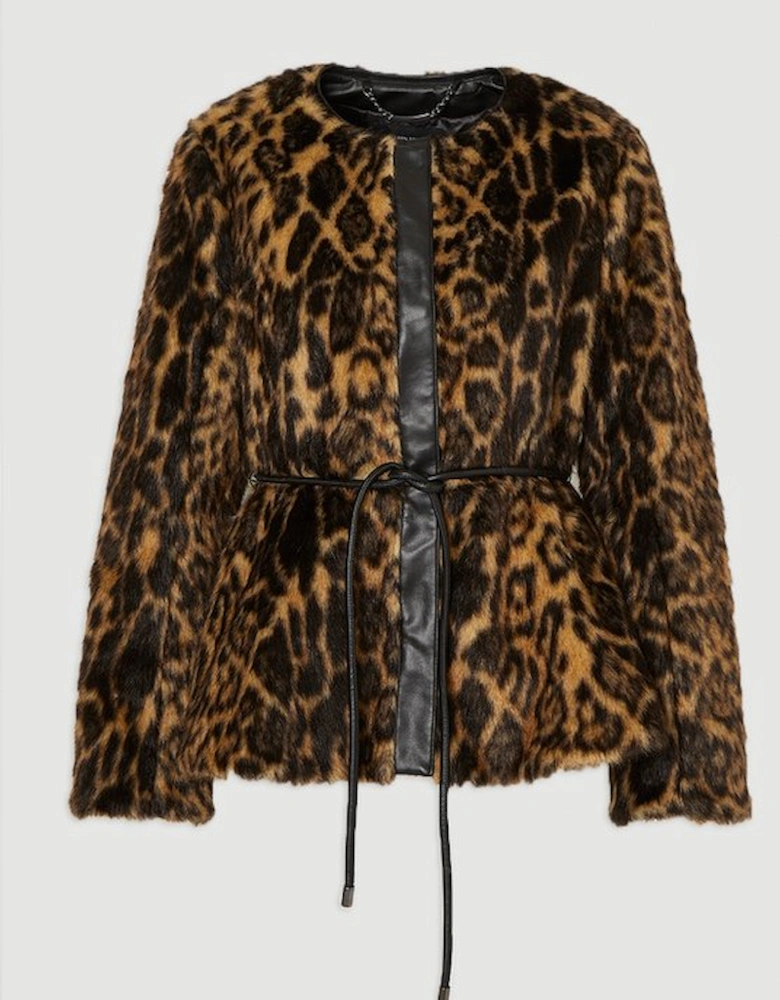 Faux Fur Leopard Collarless  Coat