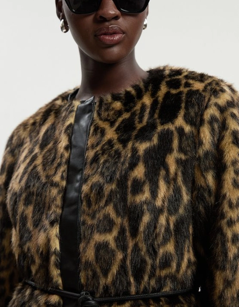 Faux Fur Leopard Collarless  Coat