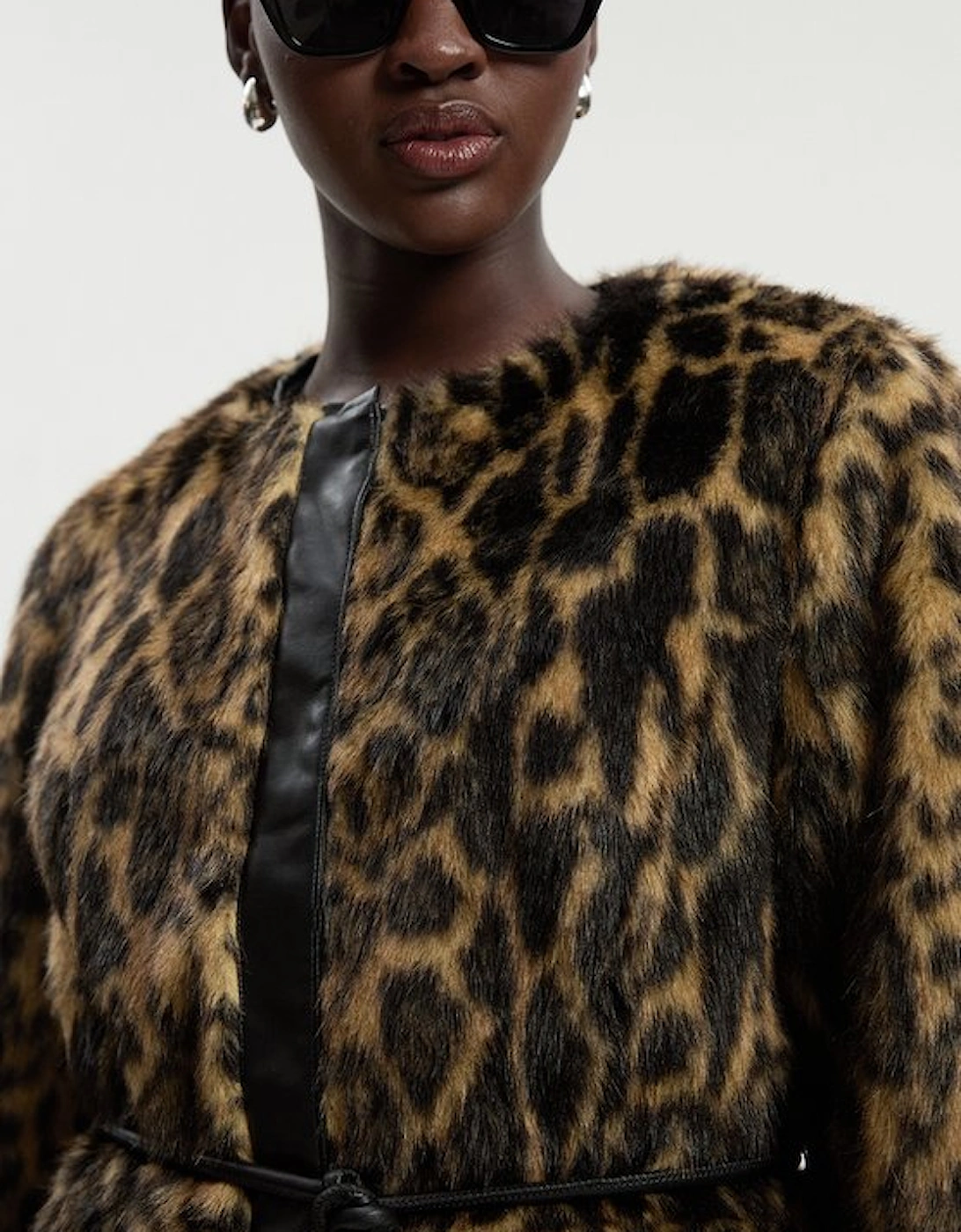 Faux Fur Leopard Collarless  Coat