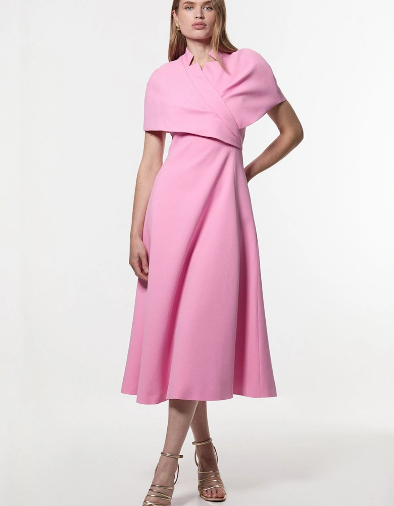 Structured Crepe Cape Detail Full Skirted Tailored Midi Dress