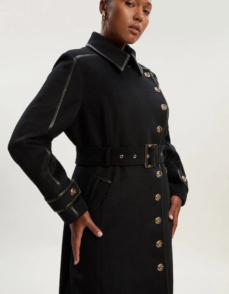 Plus Size Brushed Wool Pu Mix Gold Trim Belted Midi Coat