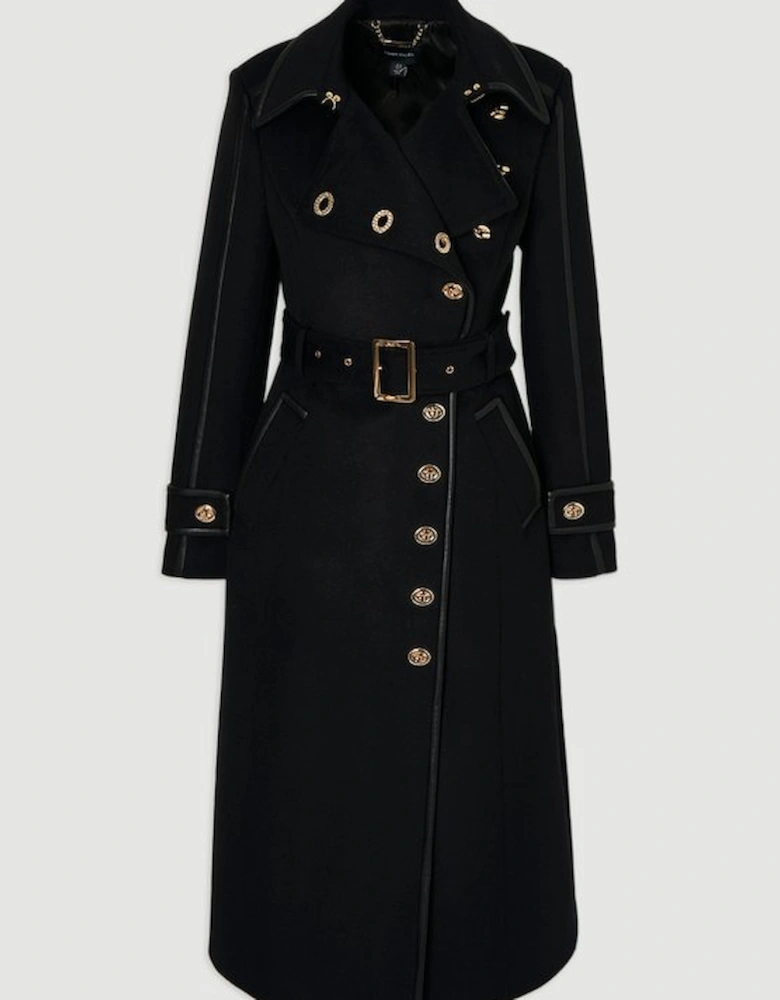 Plus Size Brushed Wool Pu Mix Gold Trim Belted Midi Coat