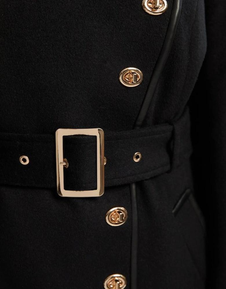 Plus Size Brushed Wool Pu Mix Gold Trim Belted Midi Coat
