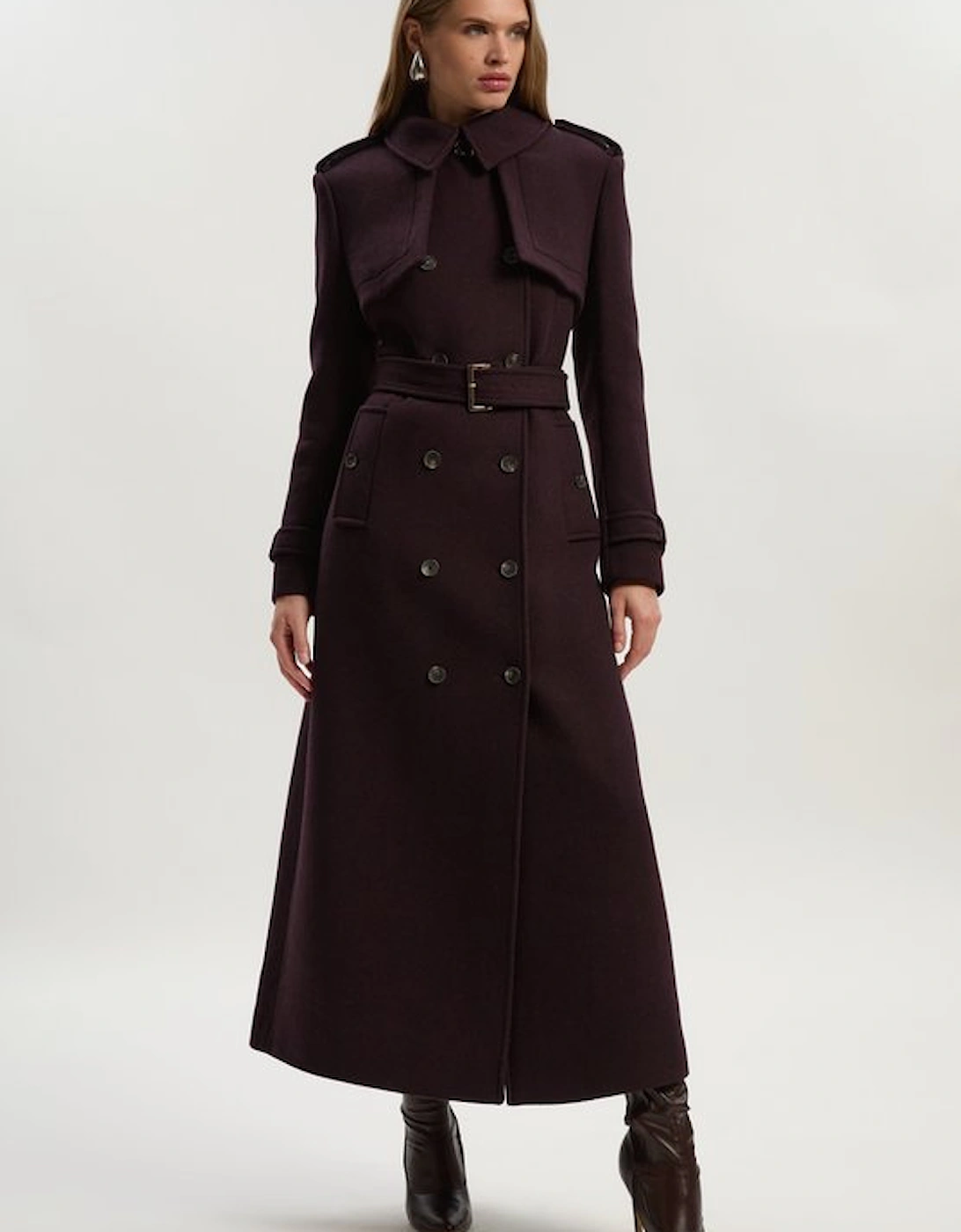 Wool Pu Mix Tailored Belted Trench Maxi Coat