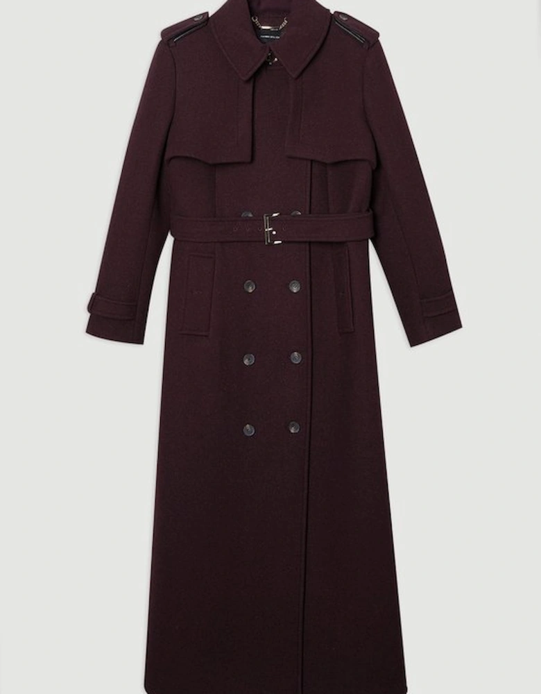 Wool Pu Mix Tailored Belted Trench Maxi Coat
