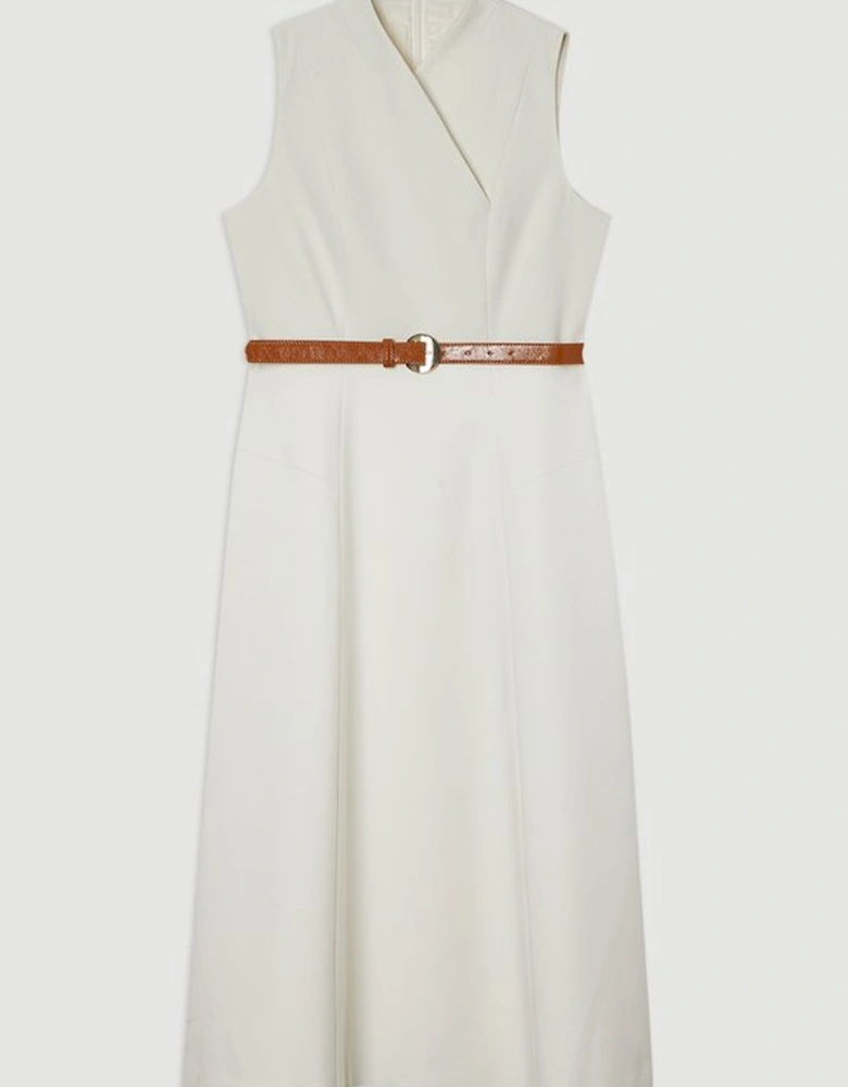 Compact Stretch Wrap Neck Tailored Midi Dress
