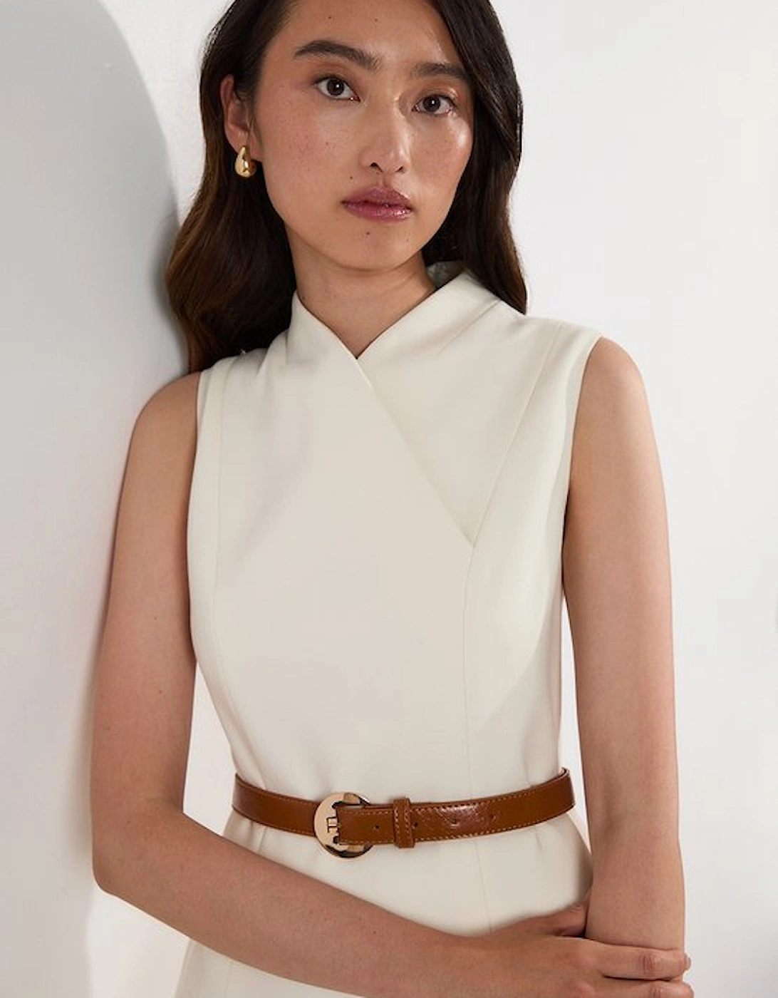 Compact Stretch Wrap Neck Tailored Midi Dress