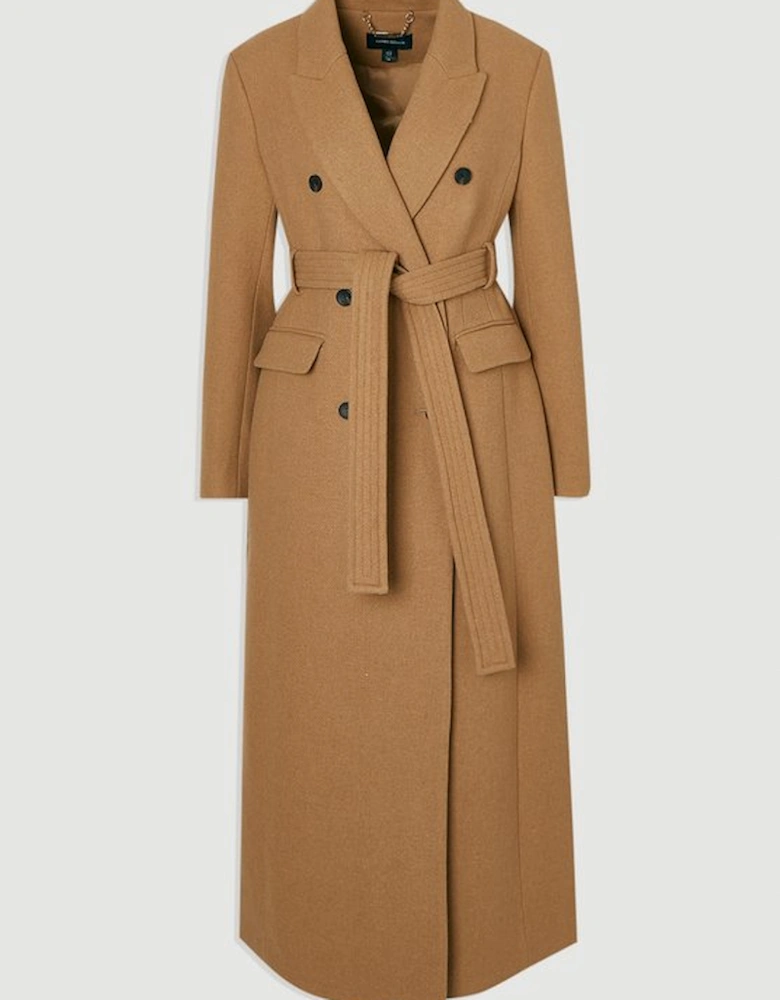 Wool Double Breasted Belted Tailored Maxi Coat