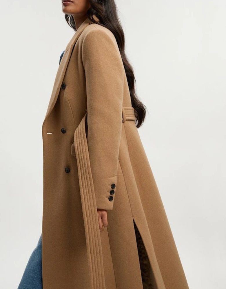 Wool Double Breasted Belted Tailored Maxi Coat