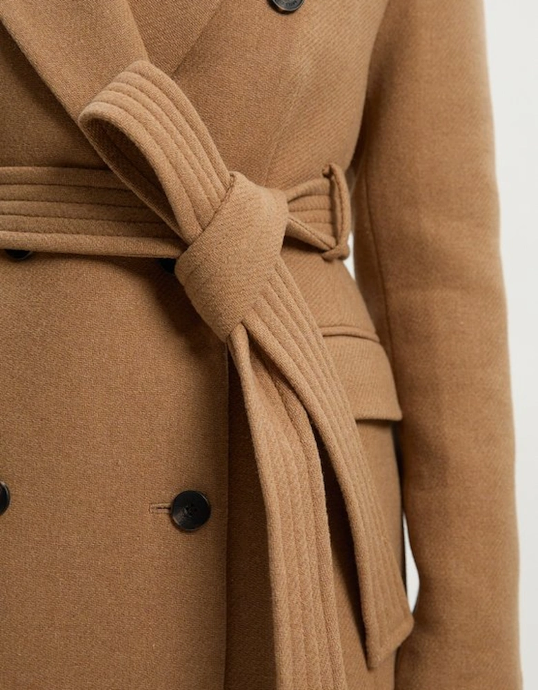 Wool Double Breasted Belted Tailored Maxi Coat