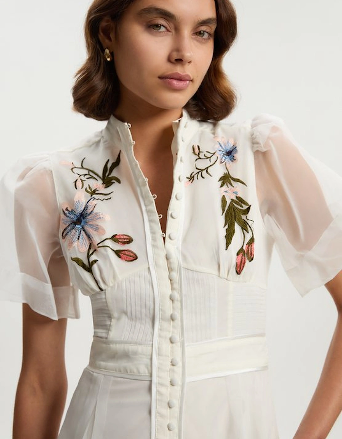 Botanical Embroidery Organdie Angel Sleeve Midi Dress