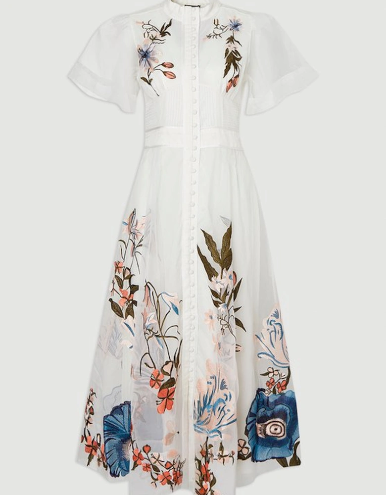 Botanical Embroidery Organdie Angel Sleeve Midi Dress