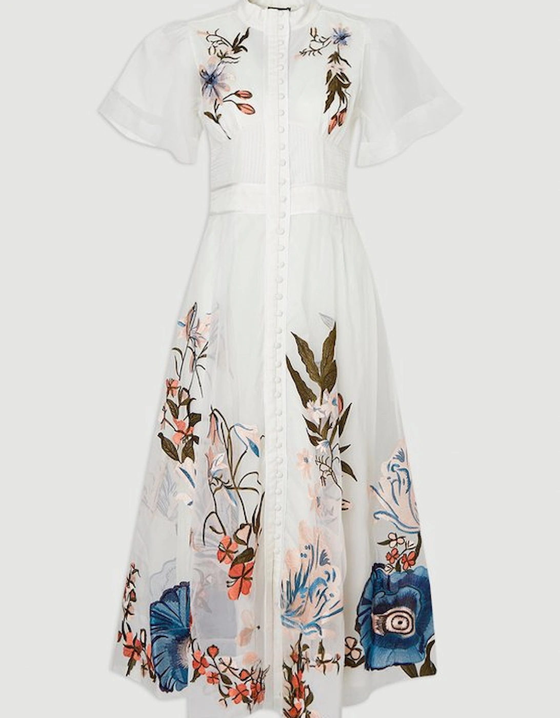 Botanical Embroidery Organdie Angel Sleeve Midi Dress