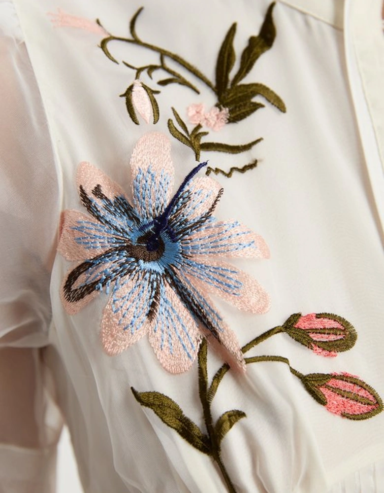 Botanical Embroidery Organdie Angel Sleeve Midi Dress