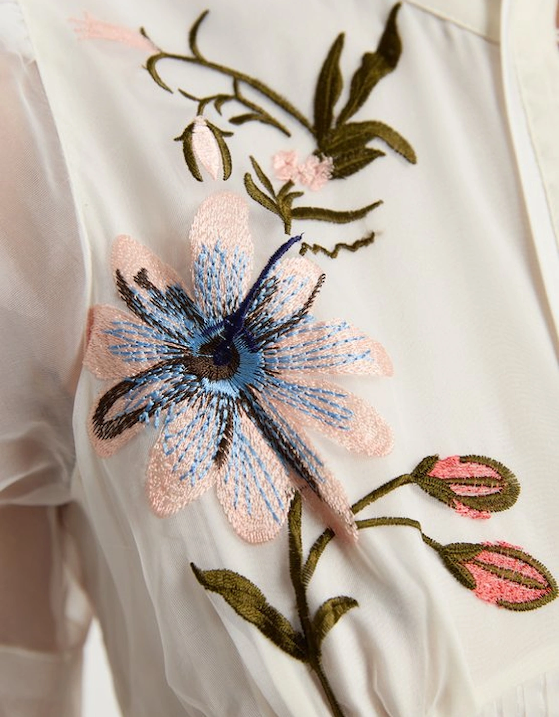 Botanical Embroidery Organdie Angel Sleeve Midi Dress