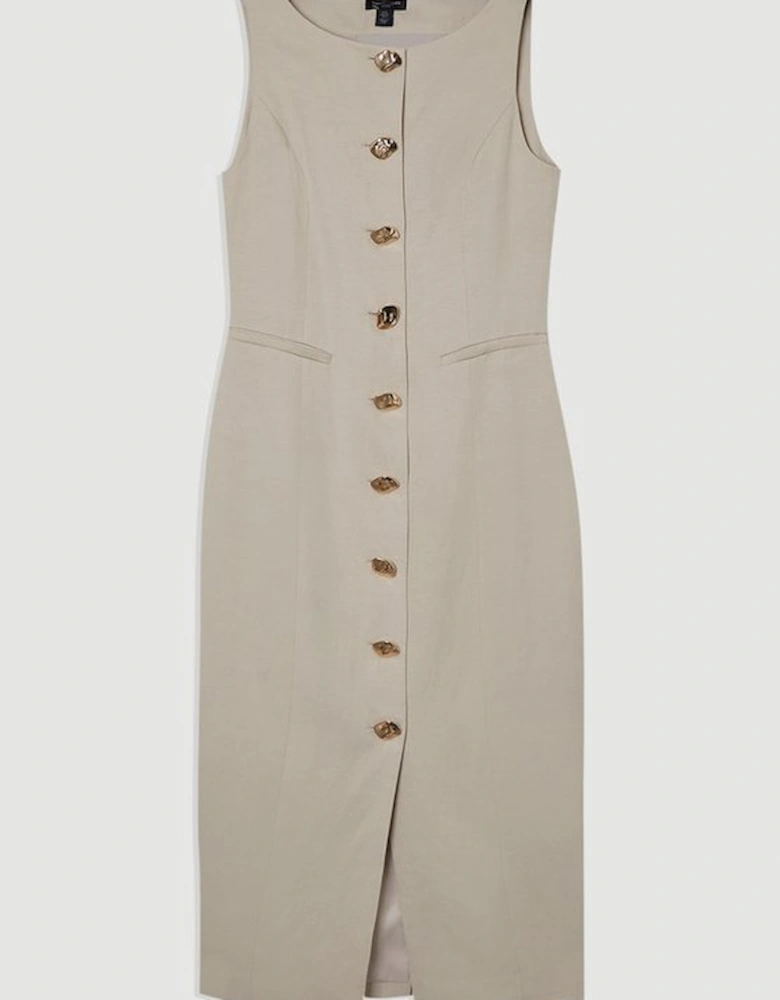 Petite Viscose Linen Tailored Statement Button Front Pencil Midi Dress