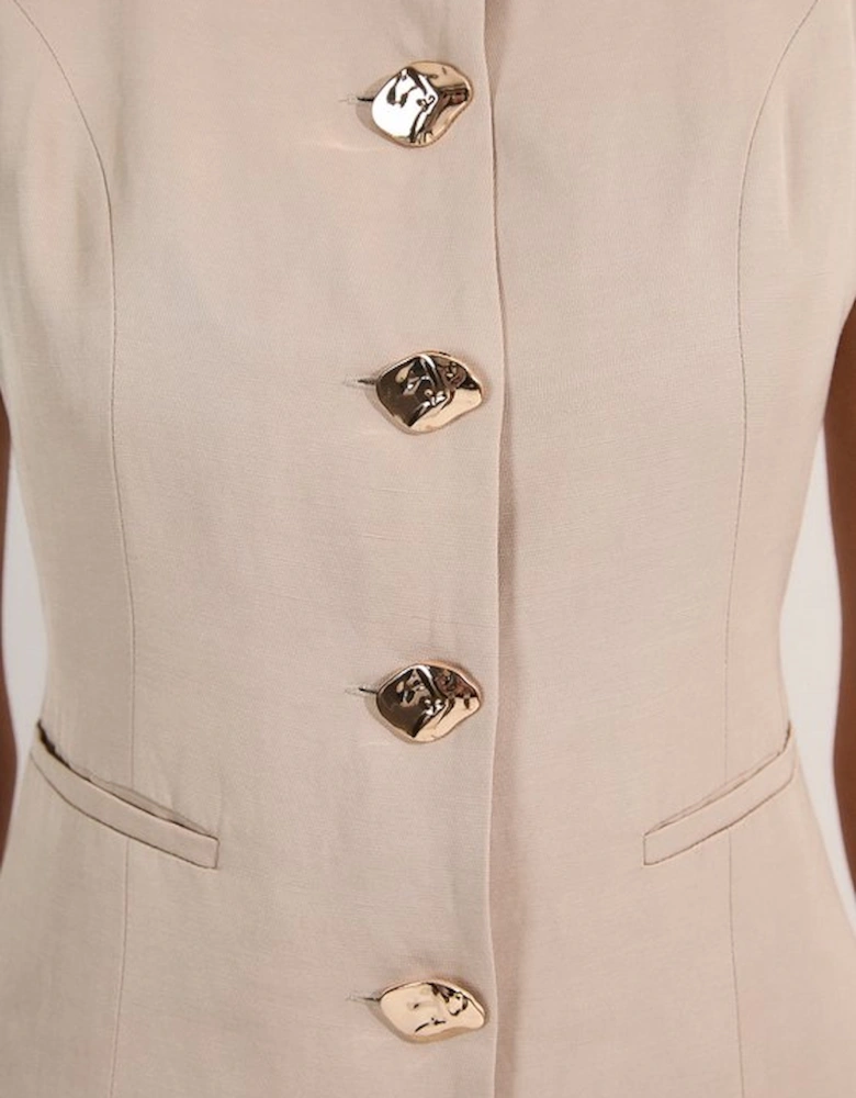 Petite Viscose Linen Tailored Statement Button Front Pencil Midi Dress