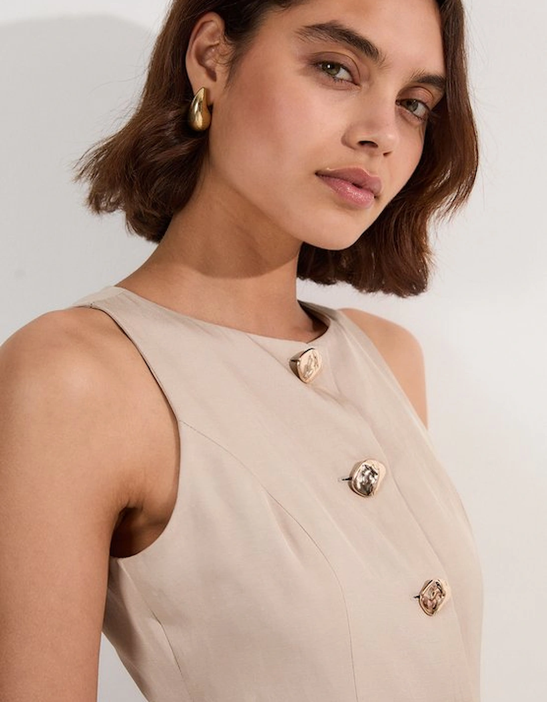 Petite Viscose Linen Tailored Statement Button Front Pencil Midi Dress