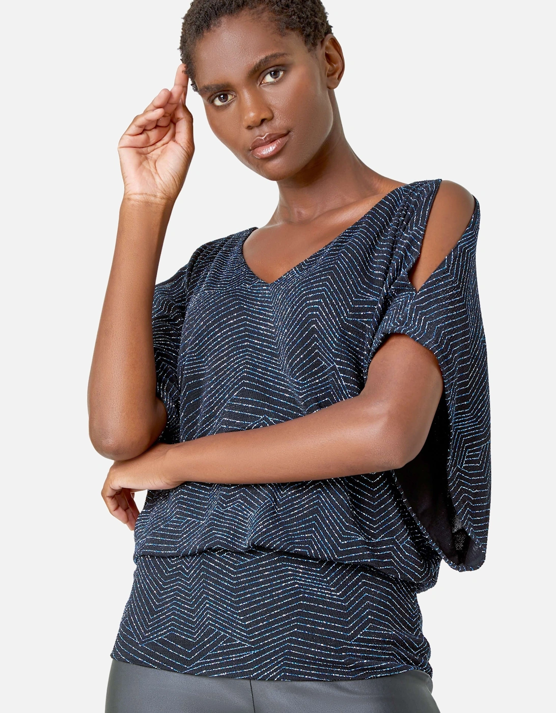 V-Neck Cold Shoulder Glitter Blouson Top, 2 of 1