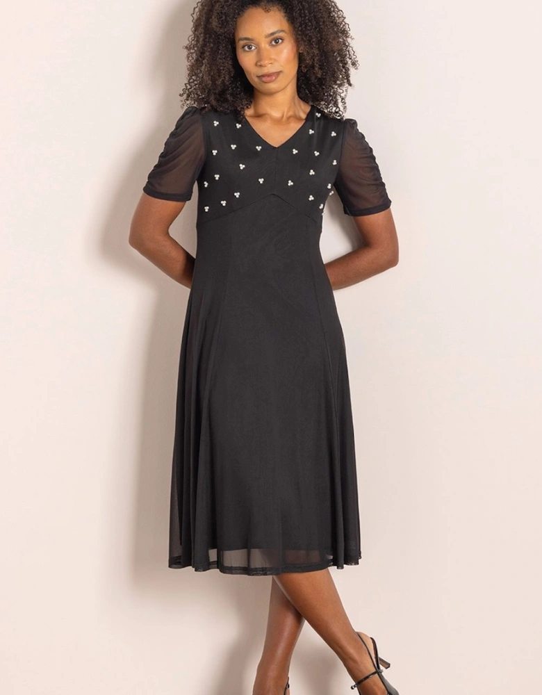 Faux Pearl Embellished Mesh Dress