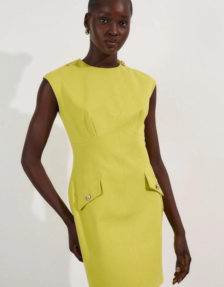 Ponte Structured Mini Dress With Gold Button Detail