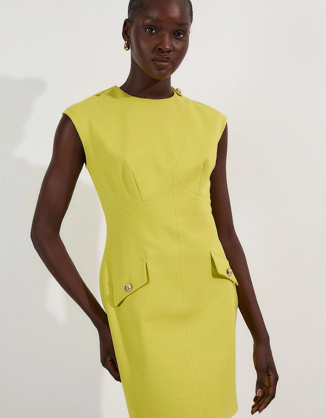 Ponte Structured Mini Dress With Gold Button Detail, 2 of 1