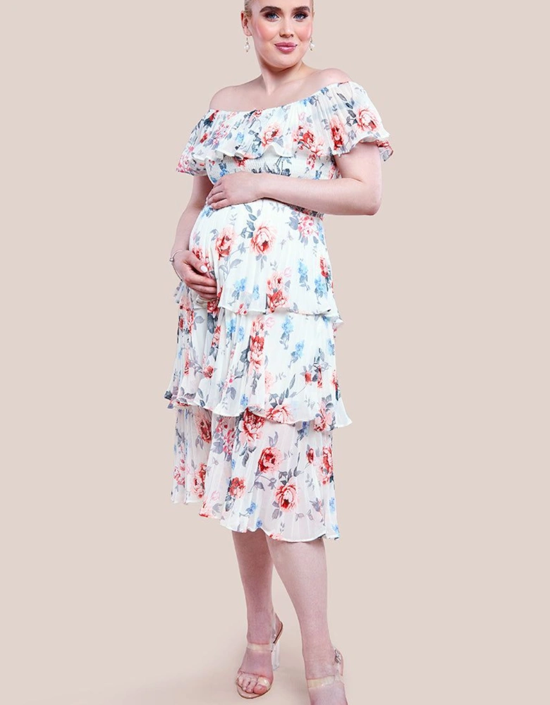 Maternity Pleated Bodice Chiffon Tiered Midi Dress