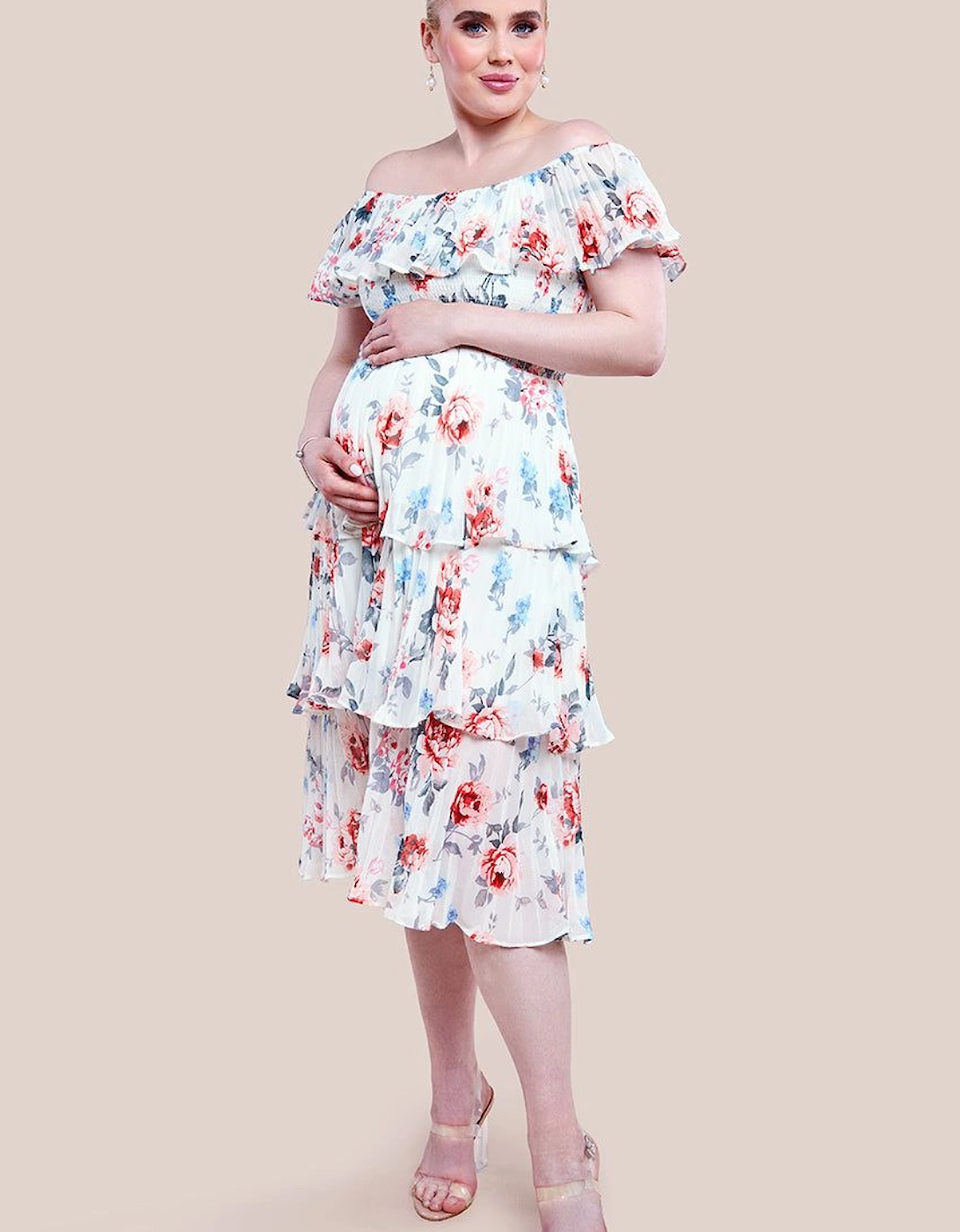 Maternity Pleated Bodice Chiffon Tiered Midi Dress, 2 of 1