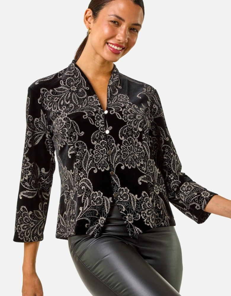 Velvet Metallic Print V-Neck Stretch Blouse