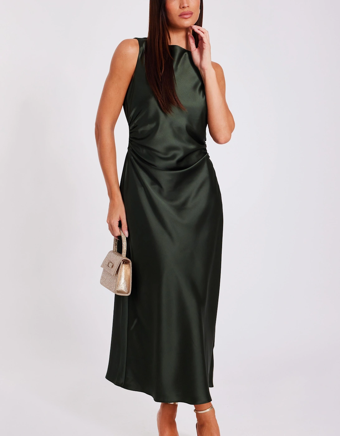 Green Satin Ruched Midi Dress, 2 of 1