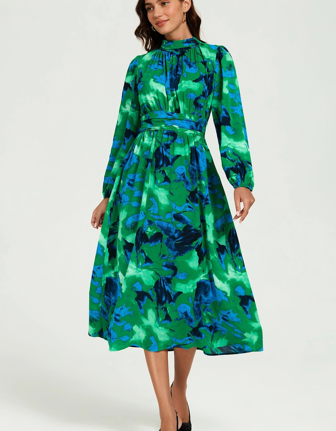 Abstract Floral Print Long Sleeve Midi Dress In Green, 2 of 1