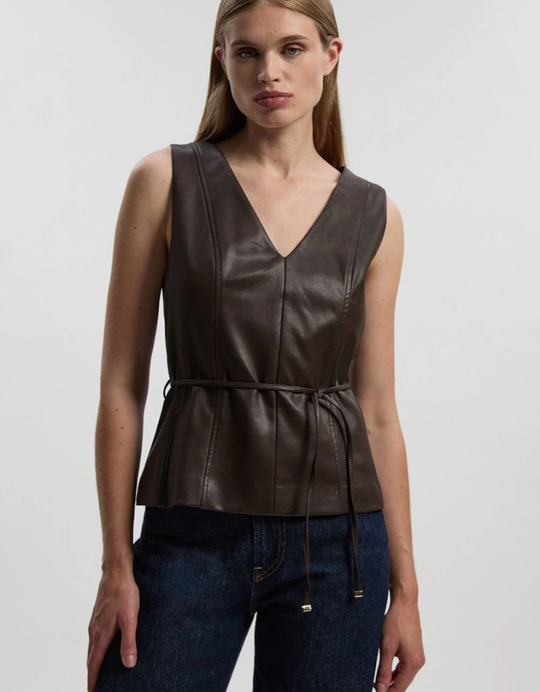 Faux Leather Tie Waist Tailored Top