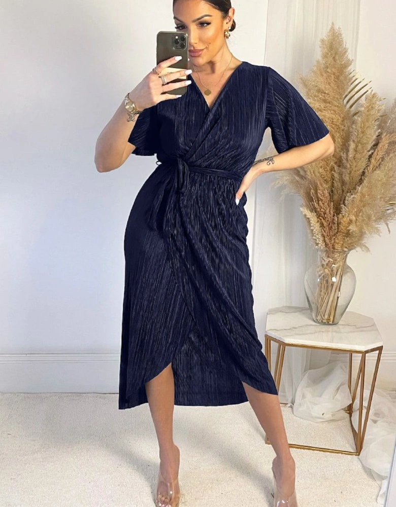 Navy Wrap Top Belted Short Sleeve Plisse Midi Dress