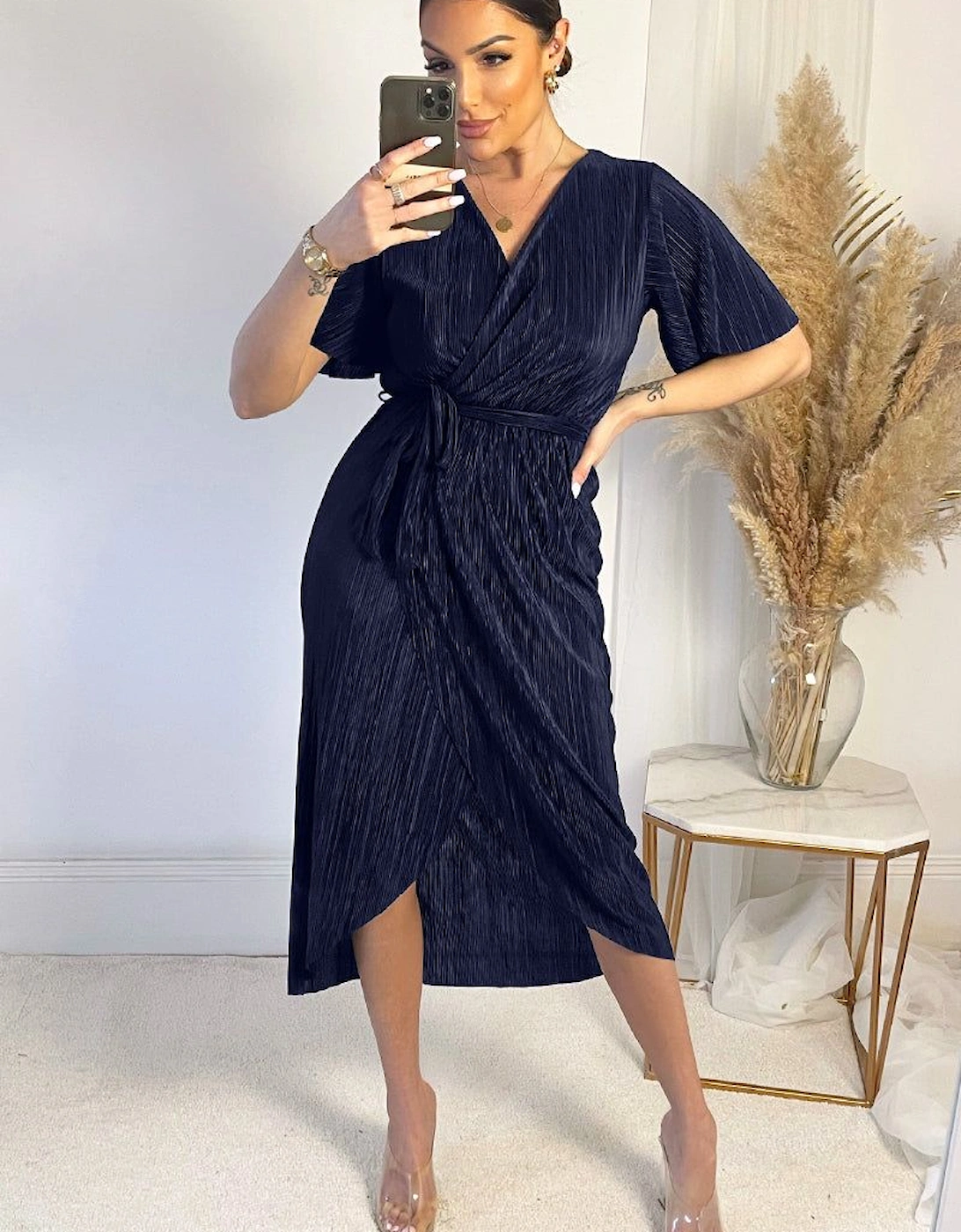 Navy Wrap Top Belted Short Sleeve Plisse Midi Dress, 2 of 1