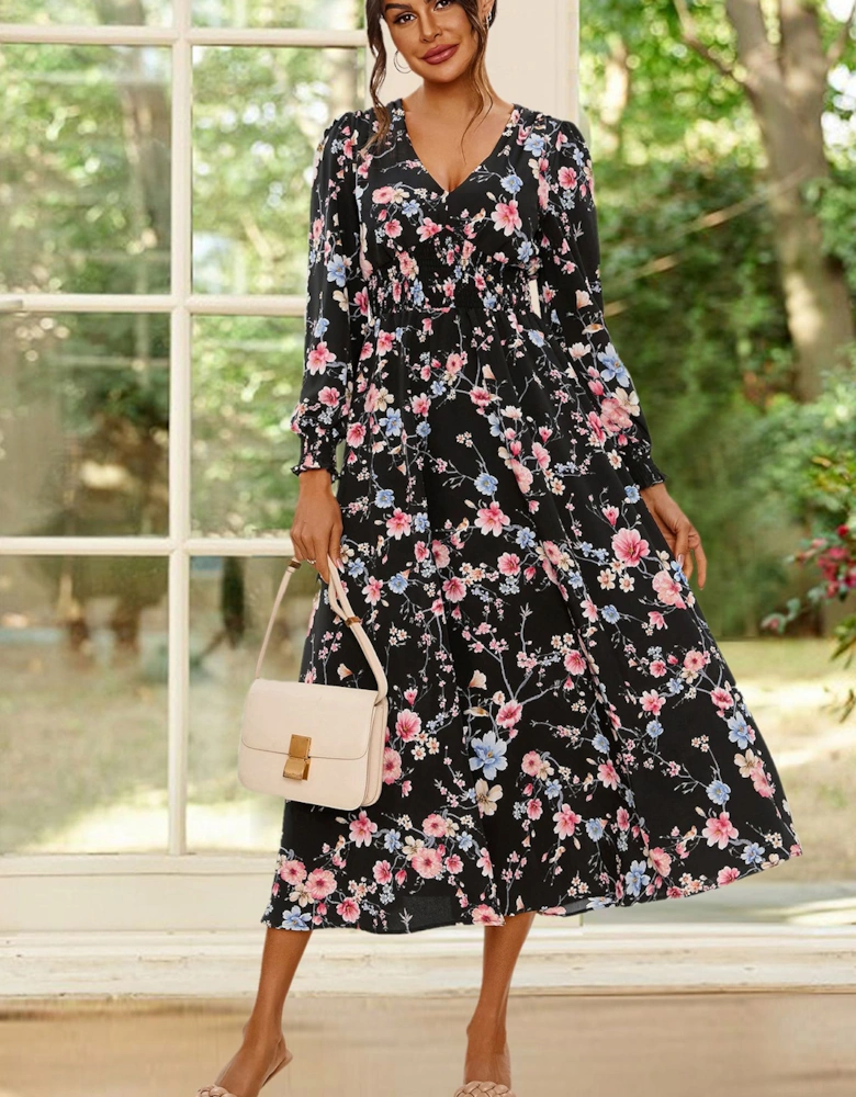 Floral Print Long Sleeve Midi Dress In Black