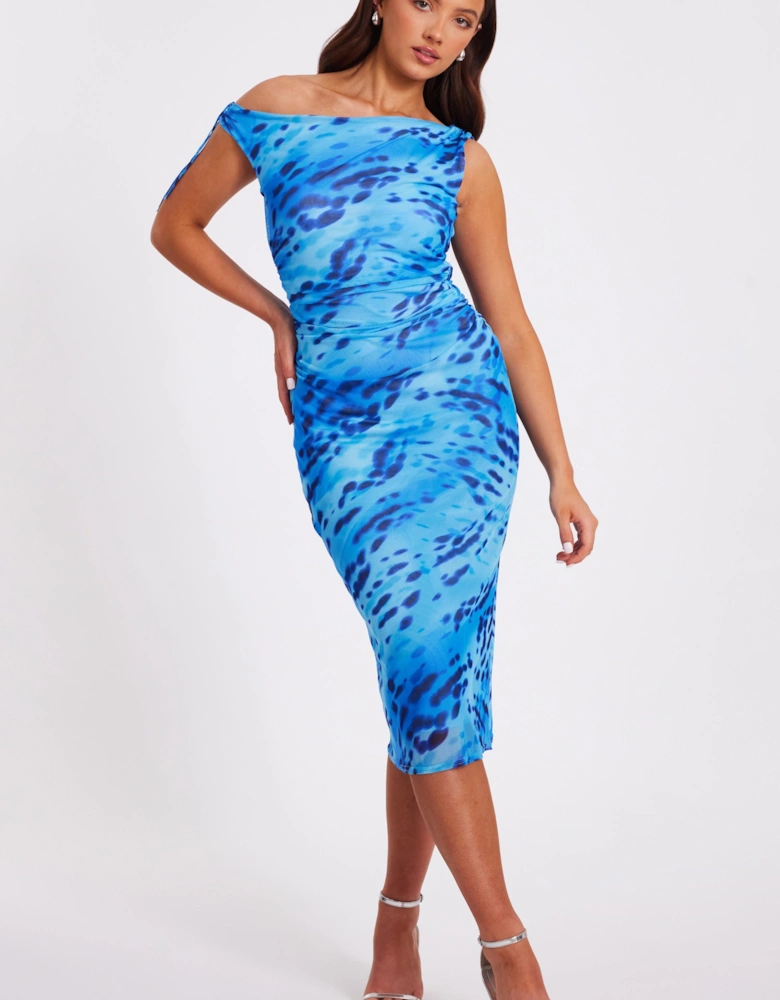 Blue Petite Mesh Animal Print Midi Dress